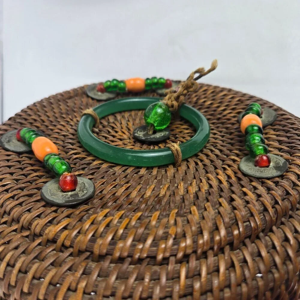 Vintage Chinese Sewing Basket Brown Handmade Round Wicker Glass Bead Accents